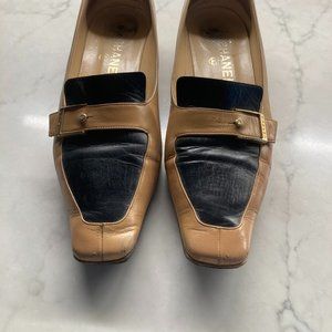 CHANEL Beige/Black 2-toned Slip-On Loafers  9.5/39.5 + Box w/2 Chanel dust bags